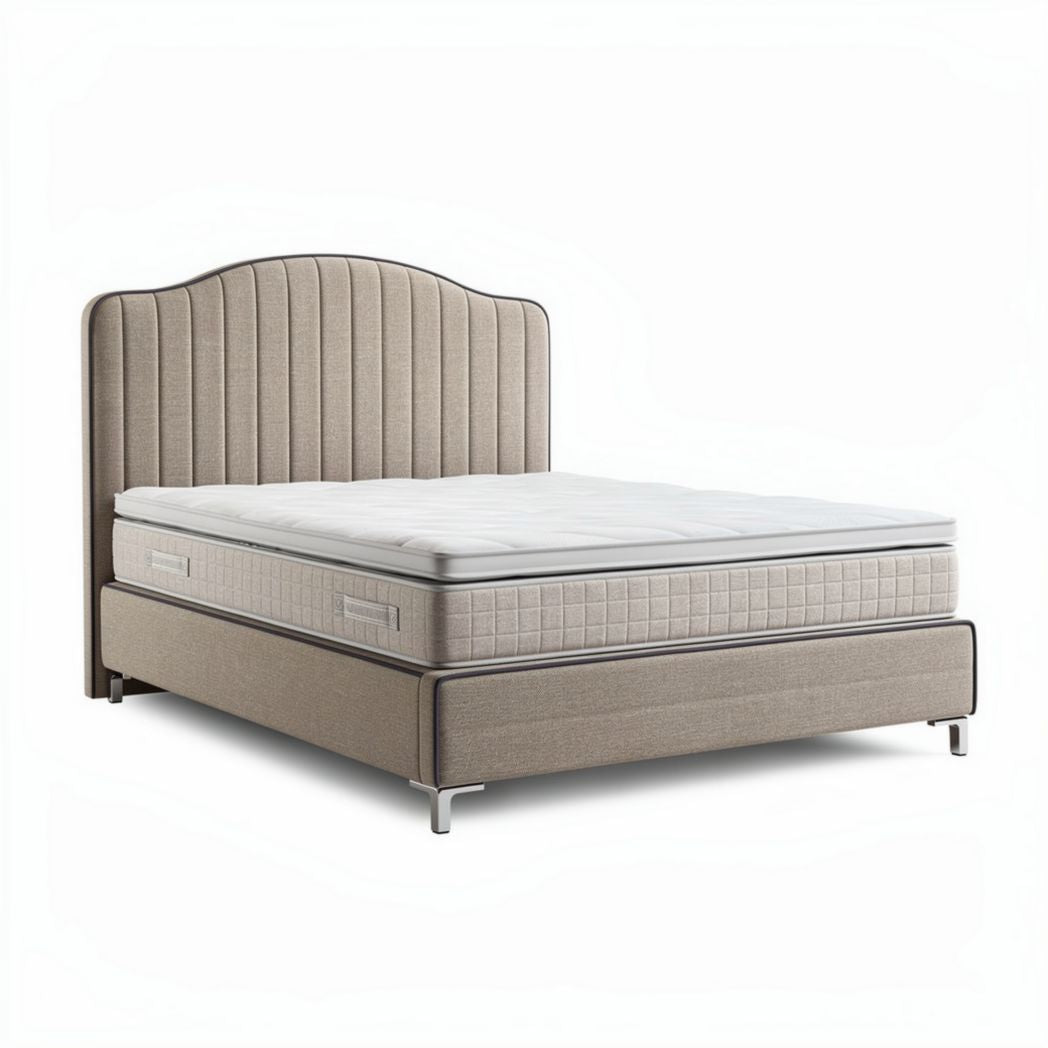 Upholstered platform bed frame with mattress support in beige fabric 200 x 160 x 40cm