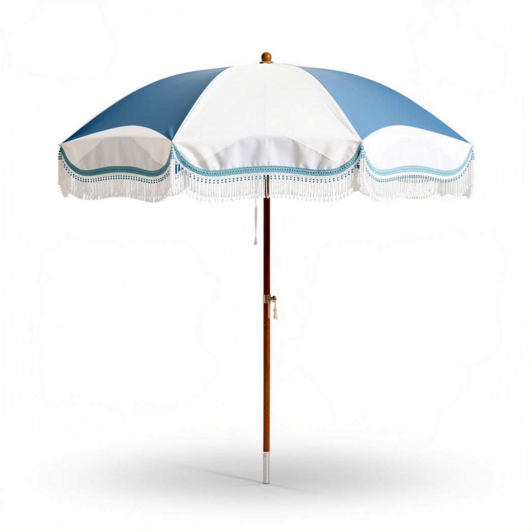 Retro striped beach umbrella with wooden pole and fringe detail 240 x 240 x 250cm