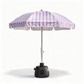 Portable beach umbrella with purple striped canopy and weighted base 100 x 100 x 180cm