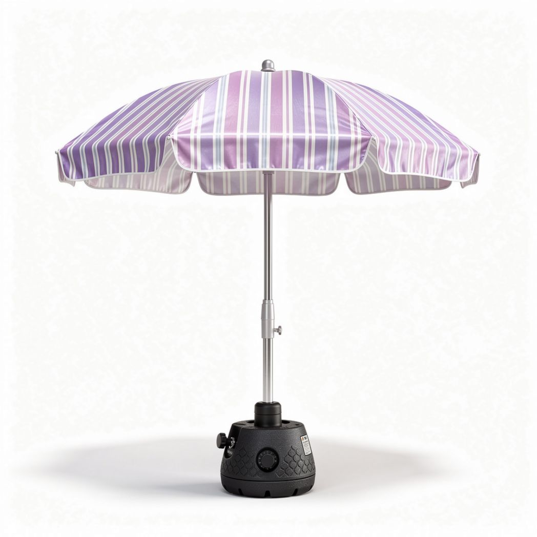 Portable beach umbrella with purple striped canopy and weighted base 100 x 100 x 180cm
