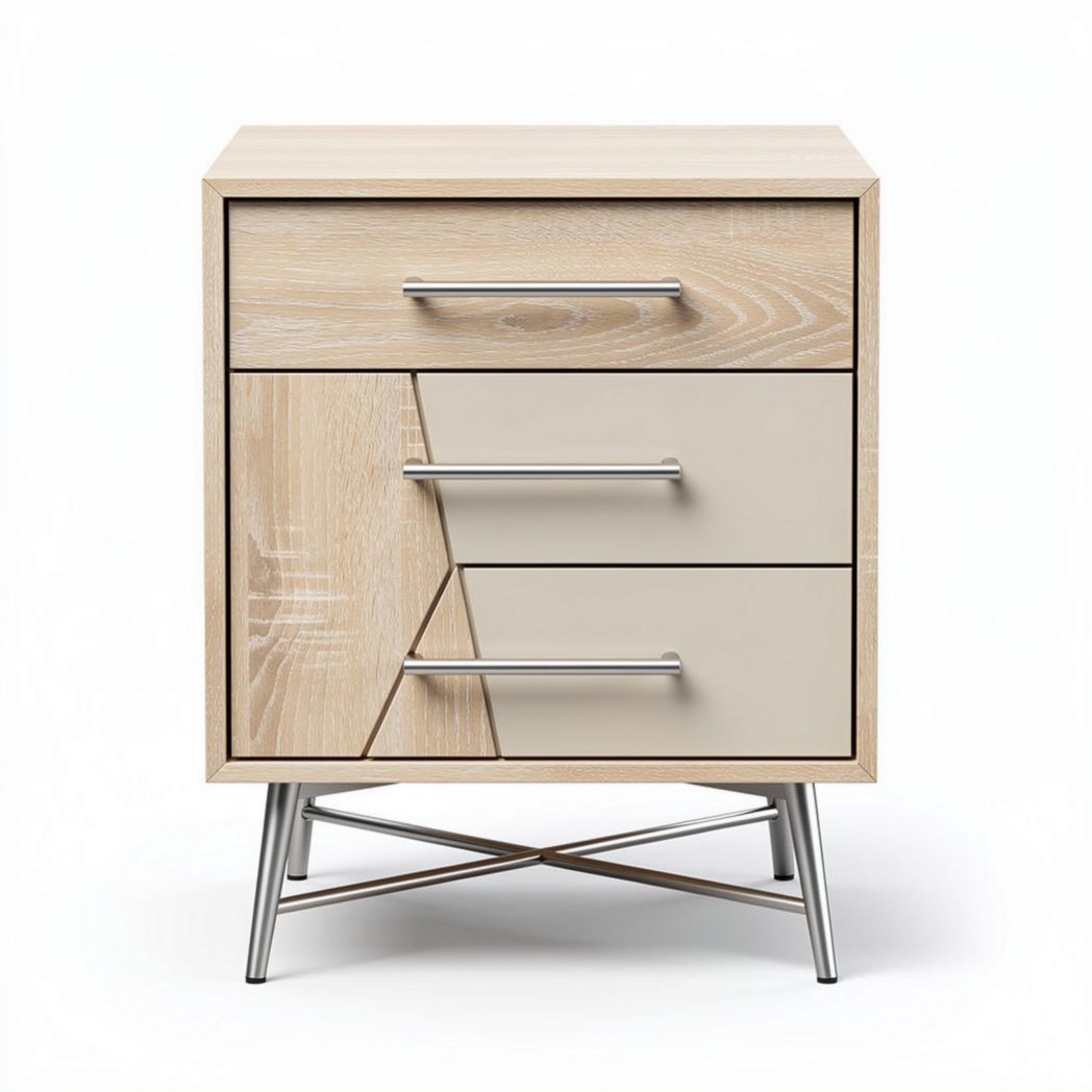 Wooden nightstand with three drawers and metal legs in natural finish 45 x 40 x 60cm