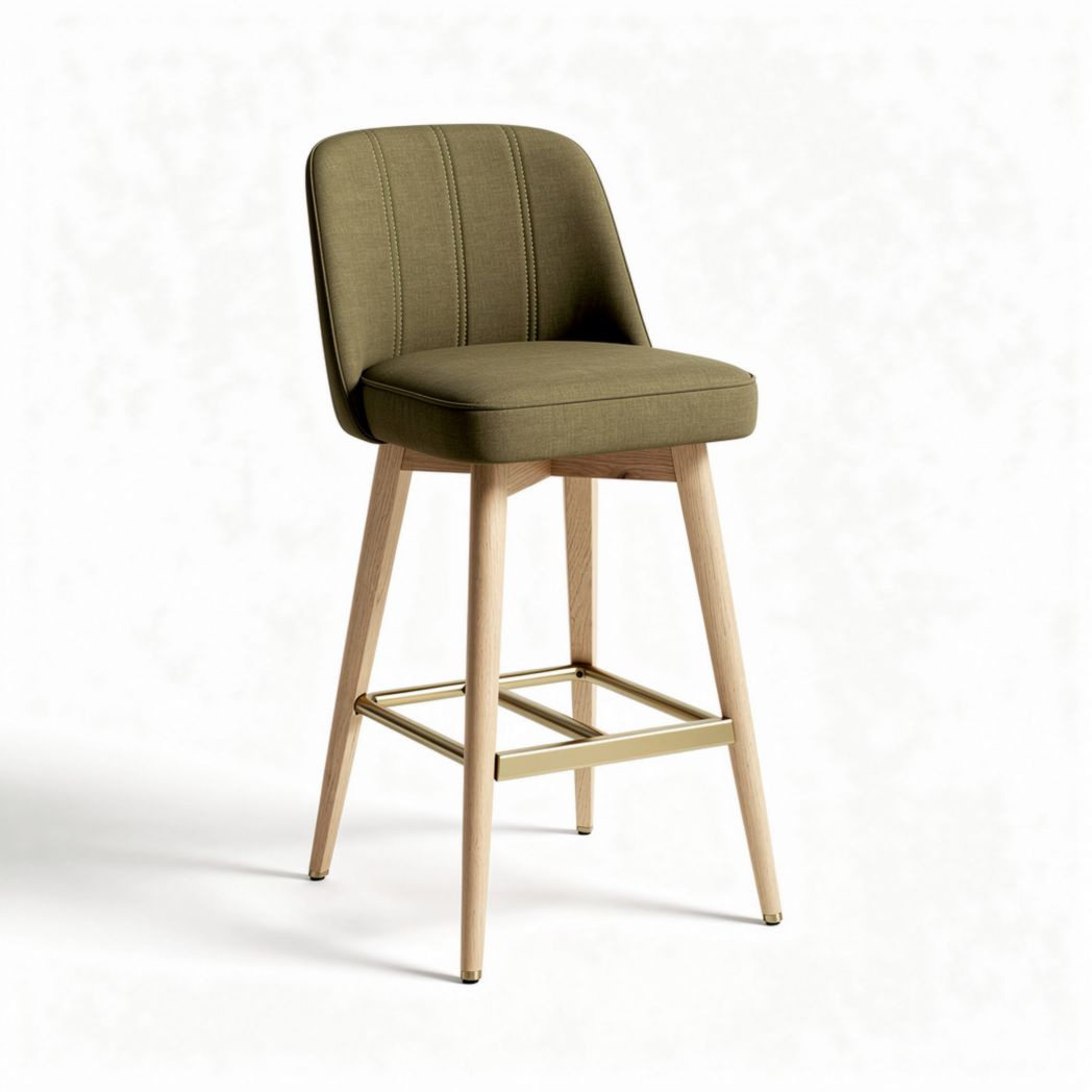 Wooden bar stool with olive green fabric seat and modern design 45 x 45 x 100cm