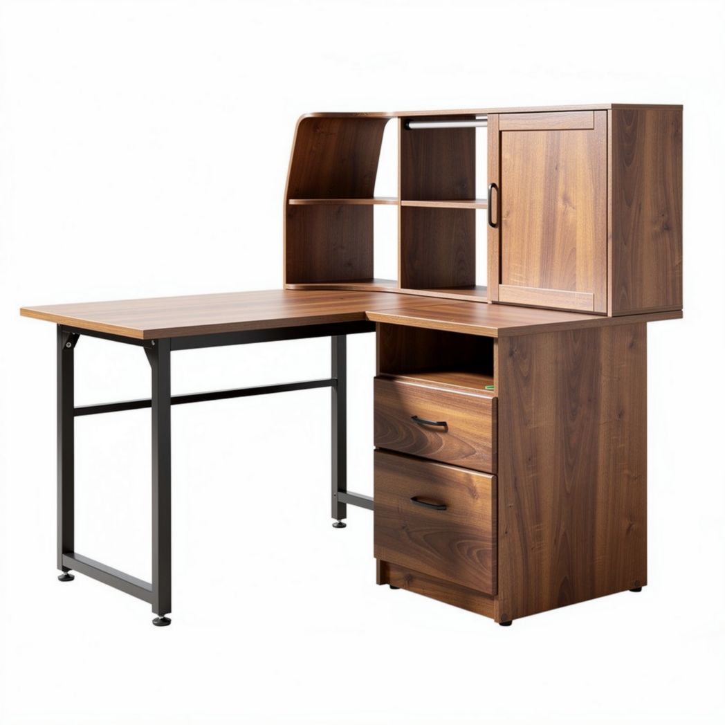 L-shaped computer desk with shelves and drawers made of walnut wood 150 x 120 x 75cm