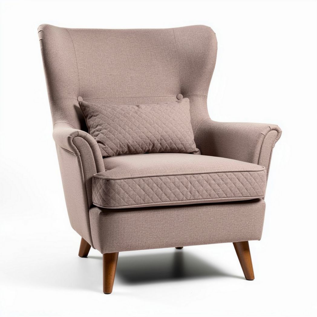 Fabric upholstered modern armchair with wooden legs and removable cushion in light pink