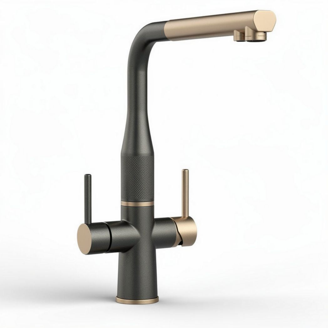 Brushed black kitchen faucet with gold accents and dual lever control