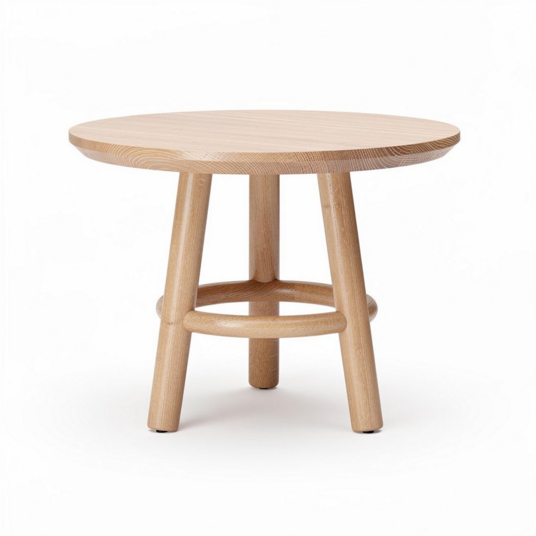Round wooden coffee table with a natural finish measuring 50 x 50 x 40cm