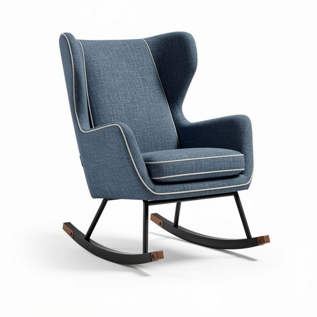 upholstered rocking chair in blue fabric with modern design 80 x 75 x 100cm