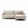 L-shaped sectional sofa in beige fabric with wood legs and a detachable cushion